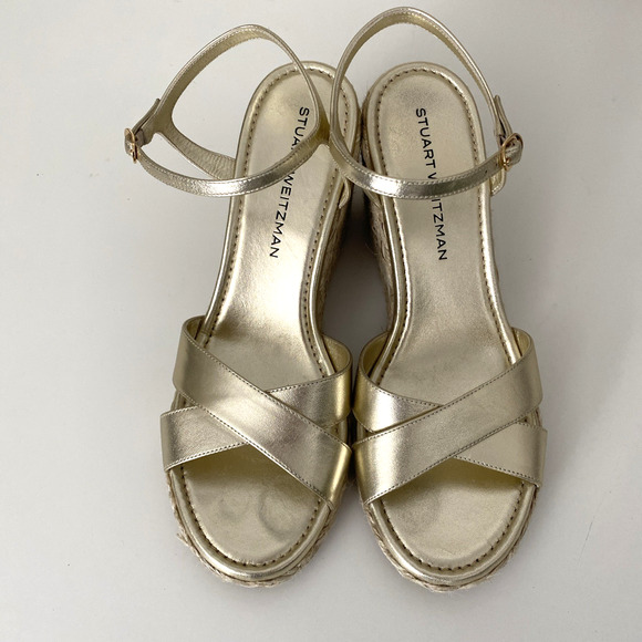Stuart Weitzman Dayna Espadrille Wedge Sandal Leather Light Gold Natural 10.5 B - Picture 3 of 10